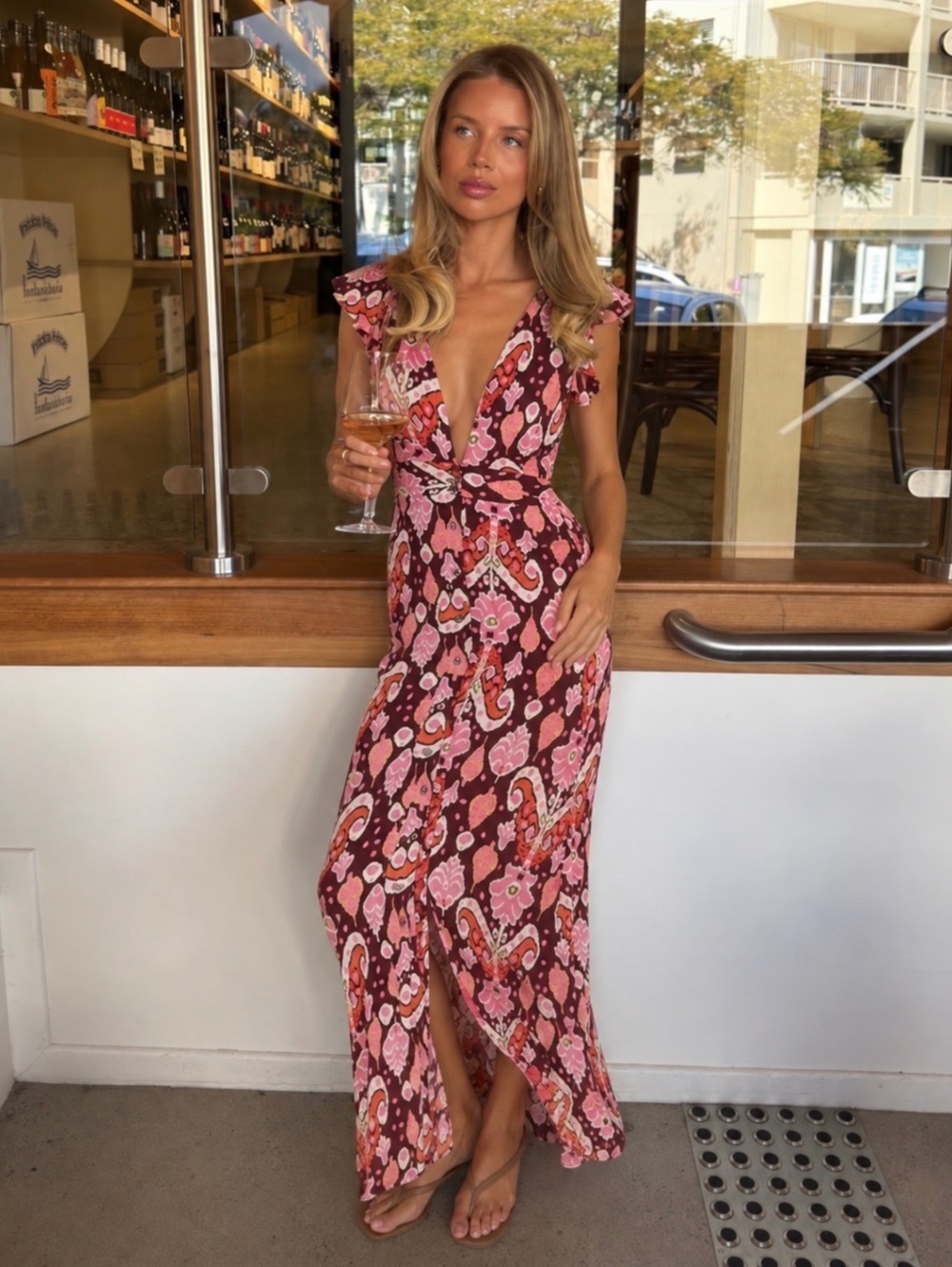 Maaji Pink and Brown Floral Paisley Wrap Tie Waist V Neck Maxi Dress Small